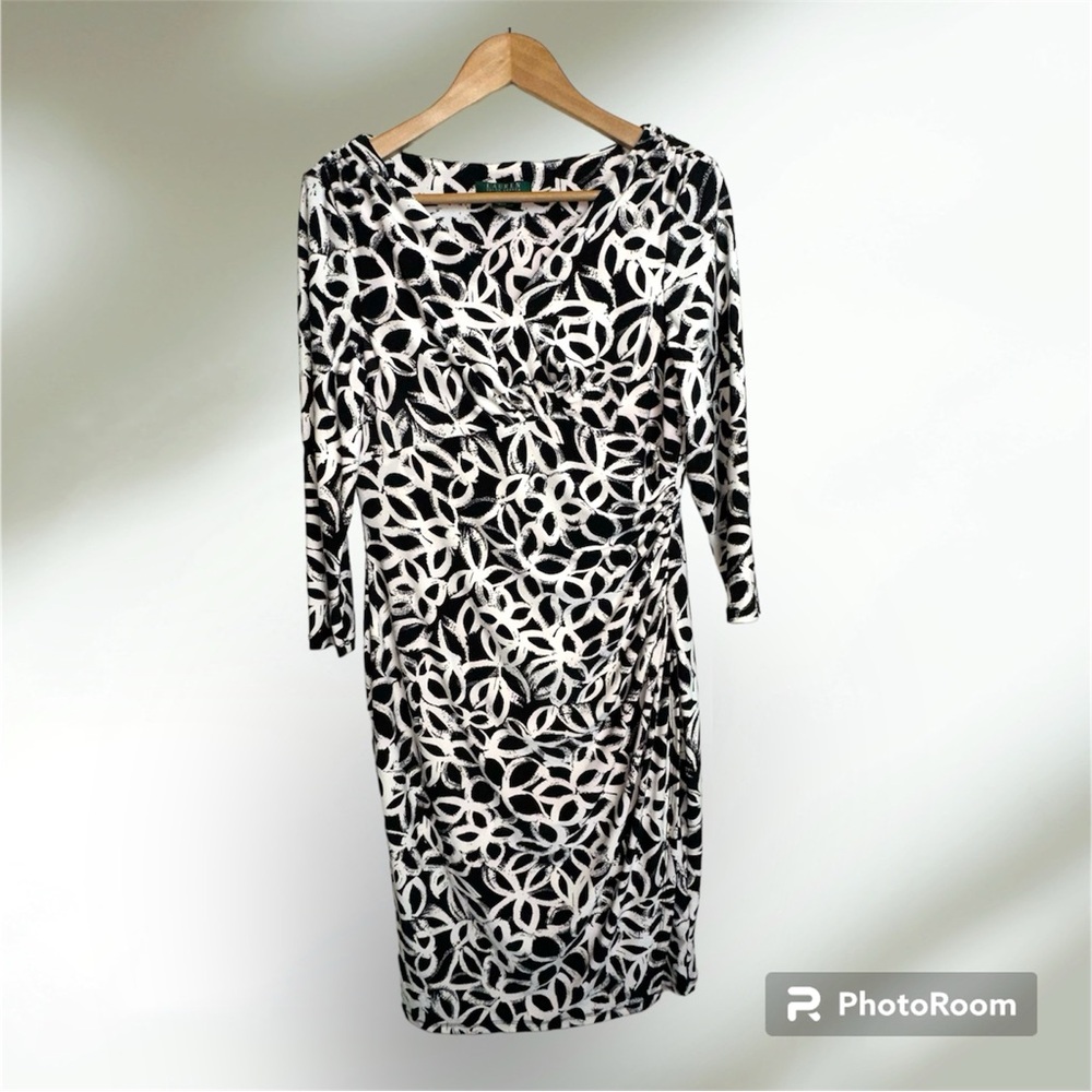 Lauren Ralph Lauren Size 10 Women’s Black White Sheath Dress Ruched Side Stretch